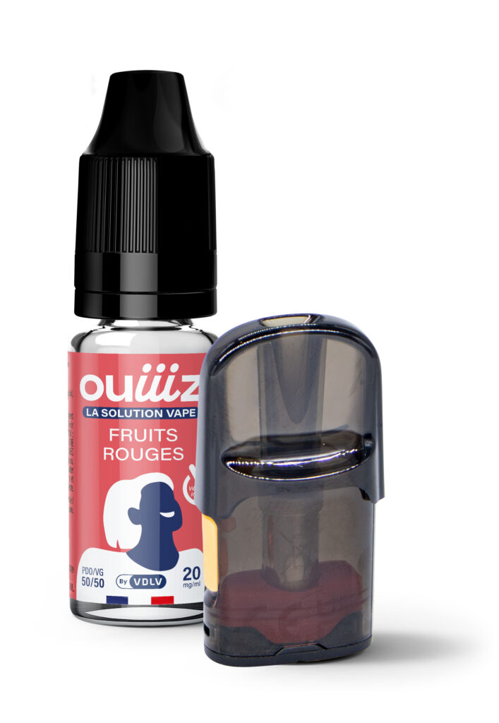 Flacon e-liquide et cartouche inclus dans le kit de recharge OUIIIZ Fruits rouges - 3x10ml