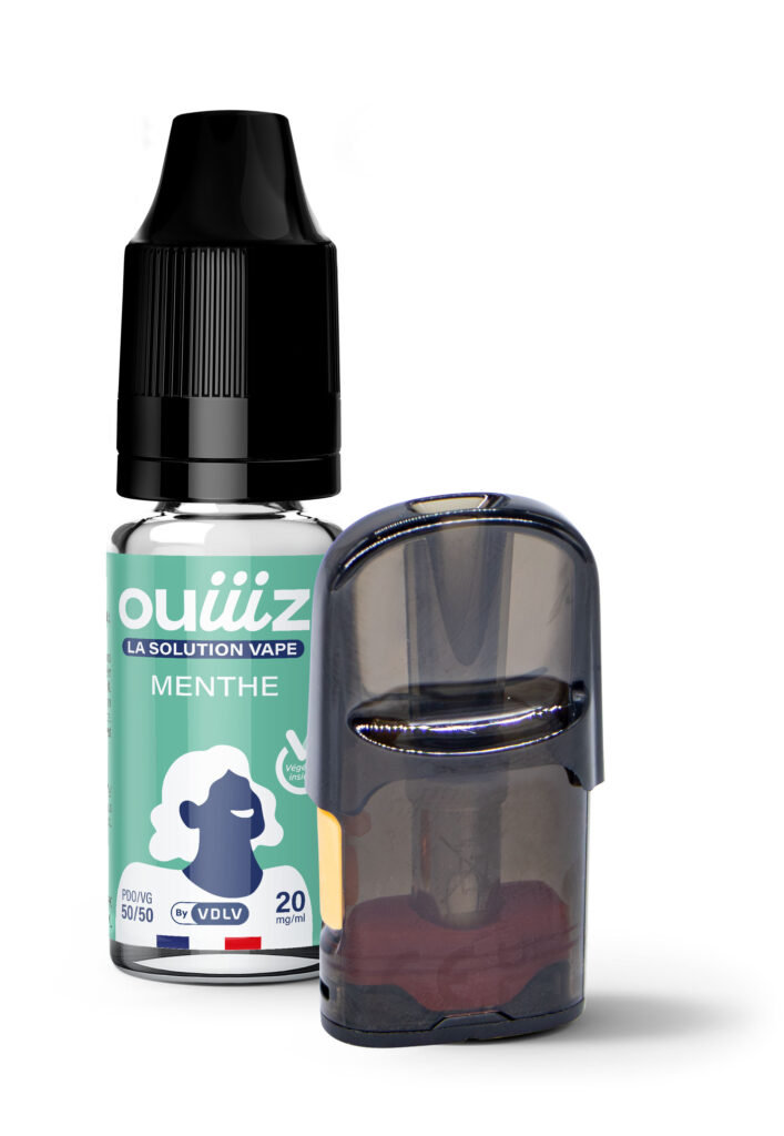 Flacon e-liquide et cartouche inclus dans le kit de recharge OUIIIZ Menthe - 3x10ml